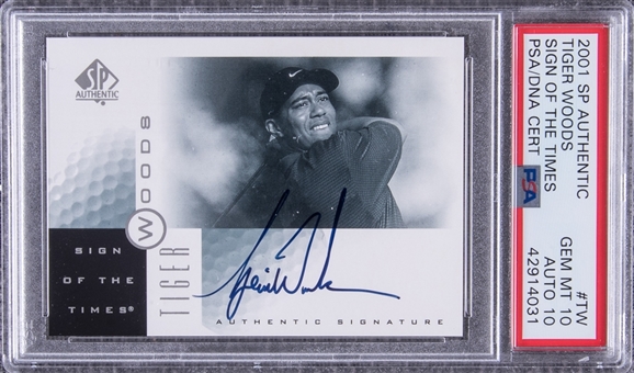 2001 SP Authentic "Sign of the Times" #TW Tiger Woods Signed Rookie Card - PSA GEM MT 10, PSA/DNA 10 "1 of 3!"